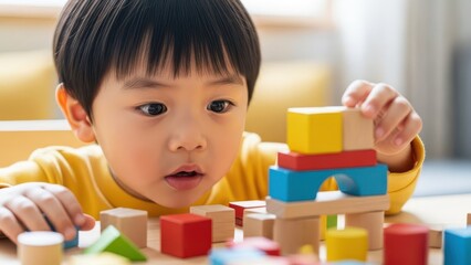 Intensely focused, adorable Asian toddler with dark hair and bright eyes, wearing a vibrant yellow sweater, carefully constructing a colorful wooden block tower on a light wood table in a warmly lit,
