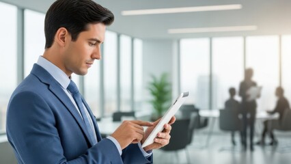 Corporate Digital Workflow: Professional businessman in suit using tablet in modern office for business productivity