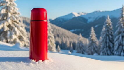 Red thermos standing in fresh snow on mountain landscape in winter with space for text