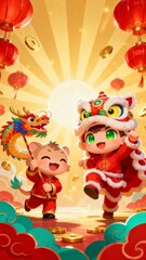 Two cheerful children dressed in traditional Chinese lion dance costumes celebrate Lunar New Year with a dragon puppet and golden coins under festive red lanterns.