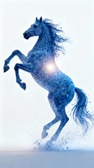 A majestic blue horse rears up dynamically its body composed of shimmering particles against a soft white background.