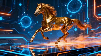 A golden horse gallops dynamically on a futuristic platform surrounded by glowing blue and orange circuitry and digital patterns.
