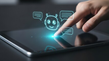 Interactive Chatbot Support: User Touching Tablet Screen with Digital Robot Icon for Customer Assistance