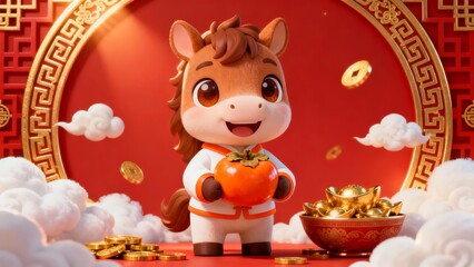 A cheerful cartoon horse dressed in traditional attire holds a persimmon surrounded by golden coins and ingots against a vibrant red backdrop with cloud motifs.