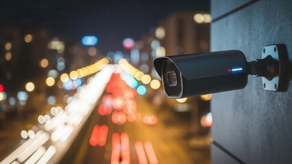 Sleek, modern black security camera mounted on a concrete wall, vigilantly overlooking a blurred, vibrant cityscape at night with streaks of light from passing vehicles, illuminated by cool ambient