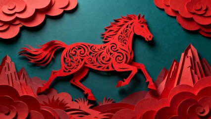 A vibrant red paper-cut art depicting a dynamic horse in motion set against a deep teal background with stylized clouds and mountain peaks.