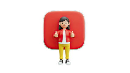 3D Woman Giving Thumbs Up Near Red Button
