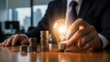 Illuminated incandescent light bulb with a warm glowing filament is gently touched by a professionally dressed businessman&rsquo;s hand, positioned beside steadily growing stacks of golden coins on a