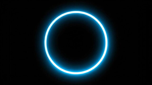 A vibrant glowing blue neon ring illuminates a completely dark, abstract background