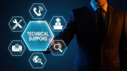Global Technical Support: Executive Touching Hexagonal Interface for Professional Client Assistance Services