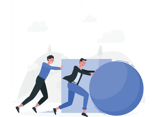 Obraz premium Two men pushing large blue ball and rectangle outdoors people desi