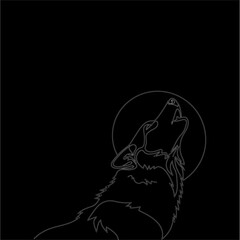Stylized illustration of a wolf howling at a full moon against a dark textured background with a subtle grid pattern