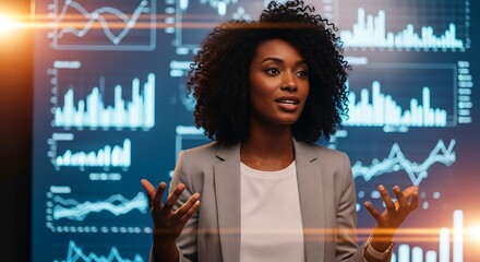 A confident black woman in a grey blazer gestures while speaking in front of a large screen displaying financial charts and graphs