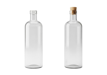 Two identical tall frosted glass spirit bottles, one sealed with a cork, uncorked twin, isolated against a transparent background, crisp studio render. Concept for premium packaging mockups