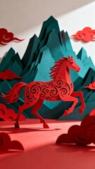 A vibrant red paper-cut horse gallops dynamically against a backdrop of layered teal mountains and red clouds showcasing intricate traditional artistry.