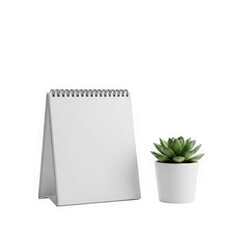 Minimalist office setup with notepad and succulent isolated on transparent background