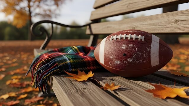 Cozy autumn scene with American football and plaid blanket on park bench