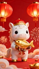 A festive white horse figurine adorned with a red cap marked '2005' holds a golden fish tied with a red ribbon set against a vibrant red backdrop with lanterns and fireworks.