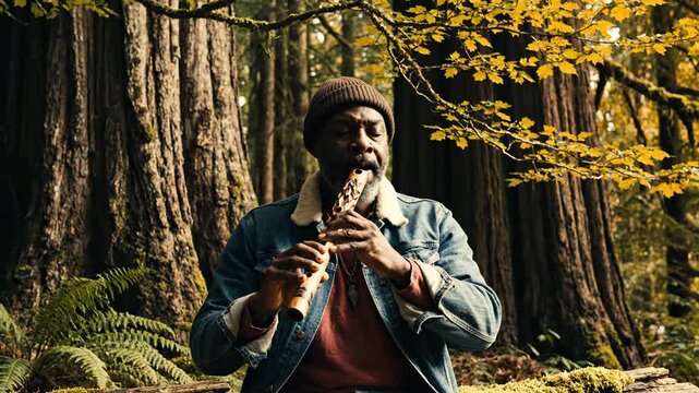 Musician playing a hand-carved wooden flute in a serene forest setting, creating a haunting melody