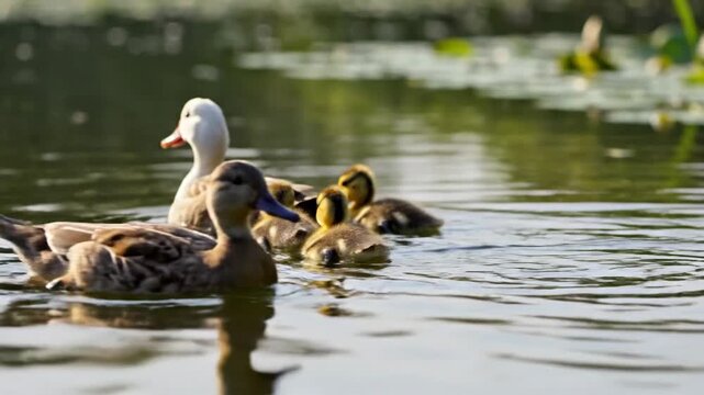 Ducklings Following single Mother duck in Line Across Pond Background