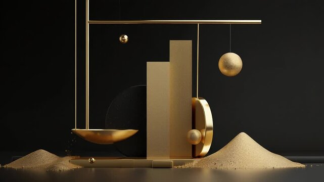 A gold and black sculpture with a large gold sphere on top. Gold as a tangible financial asset, minimalist composition with gold elements anchored in space, professional investment visual