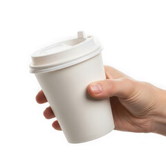 Hand holding a disposable coffee cup isolated on transparent background