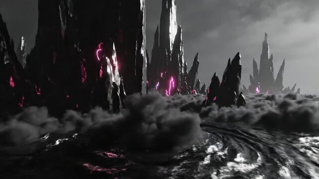 Eerie landscape of alien obsidian spires on water