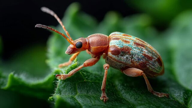 Vibrant orange and blue beetle on green leaf close-up