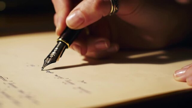 Close-up of a hand writing with a fountain pen on parchment paper
