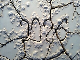 Extreme close up of sun dried cracked earth texture with rough surface detail and deep fissures