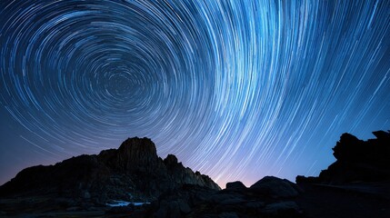 Mesmerizing star trails illuminating the dark mountain landscape under the celestial dome