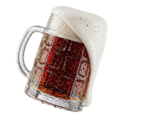 hyperdetailed macro shot of a frosty glass stein filled with dark ruby stout and overflowing creamy foam, heavy condensation running down, isolated on transparent background. concept for beverage