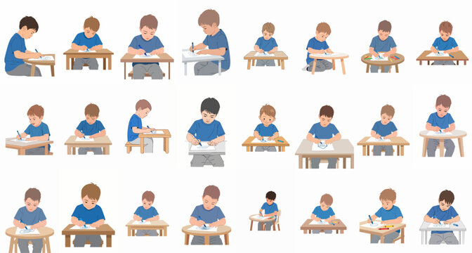 Vector set of young boys sitting and drawing at small desks, illustrating creativity, learning, and fine motor skill development in early childhood.