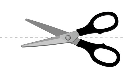 Pair of sharp scissors cutting along dashed line