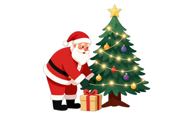 Santa placing gift under decorated Christmas tree