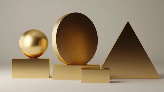 A collection of gold-colored geometric shapes, including a square, a triangle, a. Gold asset diversification concept, balanced geometric shapes, understated luxury style, gold alternative asset