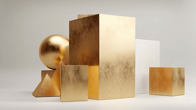 A variety of gold shapes and a gold sphere, all arranged in a way. Gold asset diversification concept, balanced geometric shapes, understated luxury style, gold alternative asset