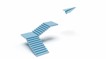 Paper airplane taking flight from the top of a staircase, symbolizing the transition from effort to success, innovation, and new heights, 3d render