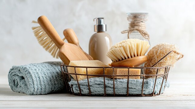Eco-friendly bath and spa essentials: natural brushes, soaps, and towels for a relaxing self-care ritual