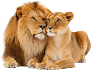 Majestic and powerfully built African lions, a male with a full mane and a female with a sleek coat, are depicted in a tender, affectionate pose with their heads, isolated on transparent background.