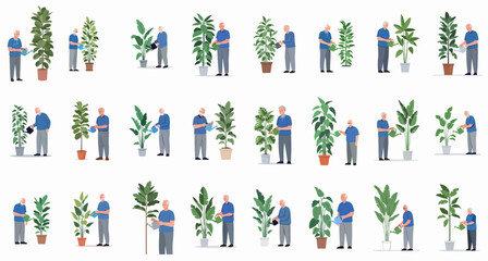 Elderly Men Watering Indoor Houseplants Set: A collection of various senior characters caring for different potted plants, illustrating retirement hobbies and domestic life. © Sabiqul