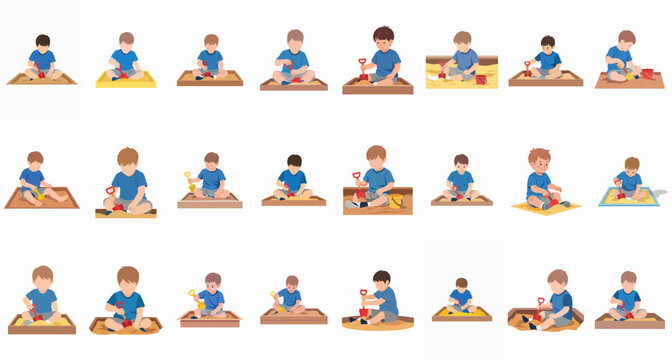 Young boys playing in a sandbox set, enjoying playtime outdoors with shovels and sand toys, isolated vector illustrations for children's activities.