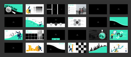 Business presentation, gold dollar coins, annual report. Set, powerpoint. Infographic design, green black elements Team of people analyzes monetary and financial circulation, photo Vector illustration