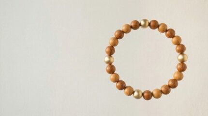 Bracelet made of round wooden beads and golden beads, jewelry and fashion concept.