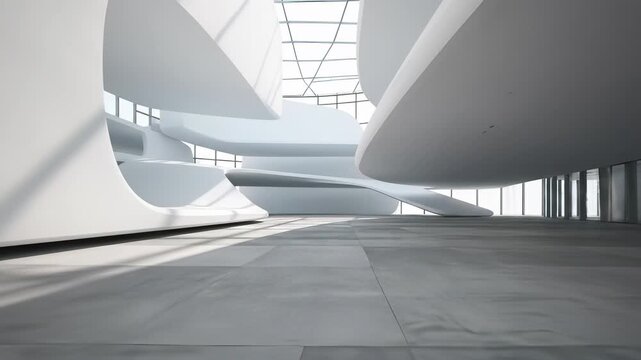 Abstract Minimalist Space Unfolds with Sleek White Couch, Perfect for Conceptualizing Ideas or Relaxation, Offering a Serene Backdrop for Contemplation, Ideal for Use in Advertising, Film.