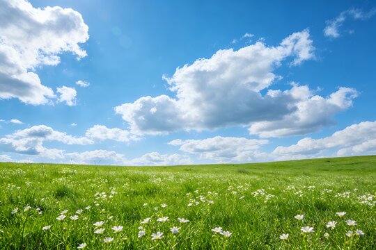 spring. Panoramic green grass field with blue sky. easter nature, summer landscape, designed for environmental headers and outdoor backgrounds.