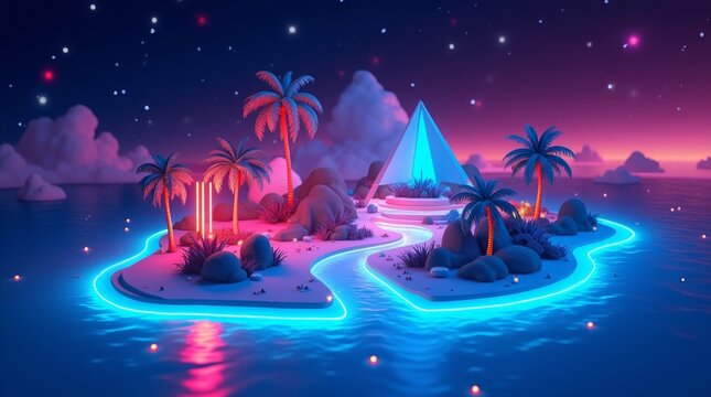 Neon island paradise at night palm trees neon lights - Powered by Adobe