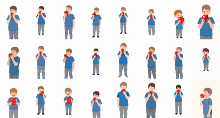 A large collection of cartoon boys enjoying eating red apples, symbolizing healthy eating habits, nutrition, and childhood development. © Sabiqul