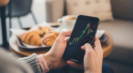 Person checking stock market graph on smartphone while having breakfast with croissants and coffee, financial trading concept