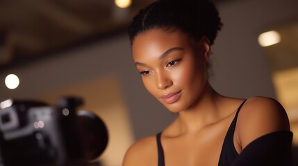 A makeup artist livestreaming a timed challenge, switching between cameras as they race to complete a look while audience polls choose colors and tools — interactive beauty content, creator